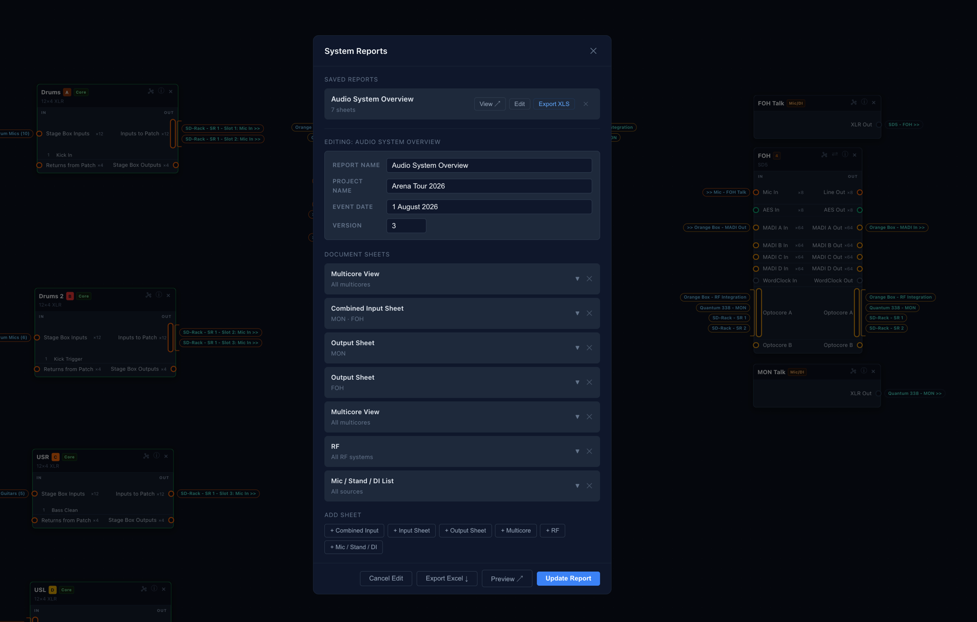 System Reports builder — Audio System Overview with 7 document sheets configured