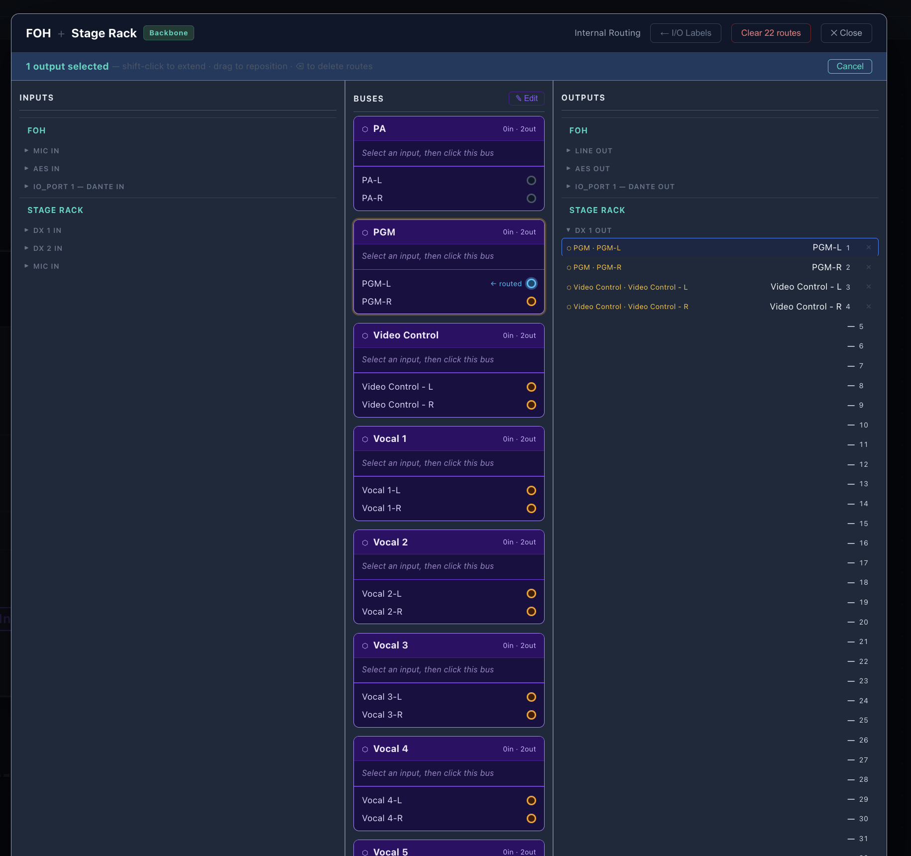 SignalCanvas internal bus router — input to bus to output routing matrix