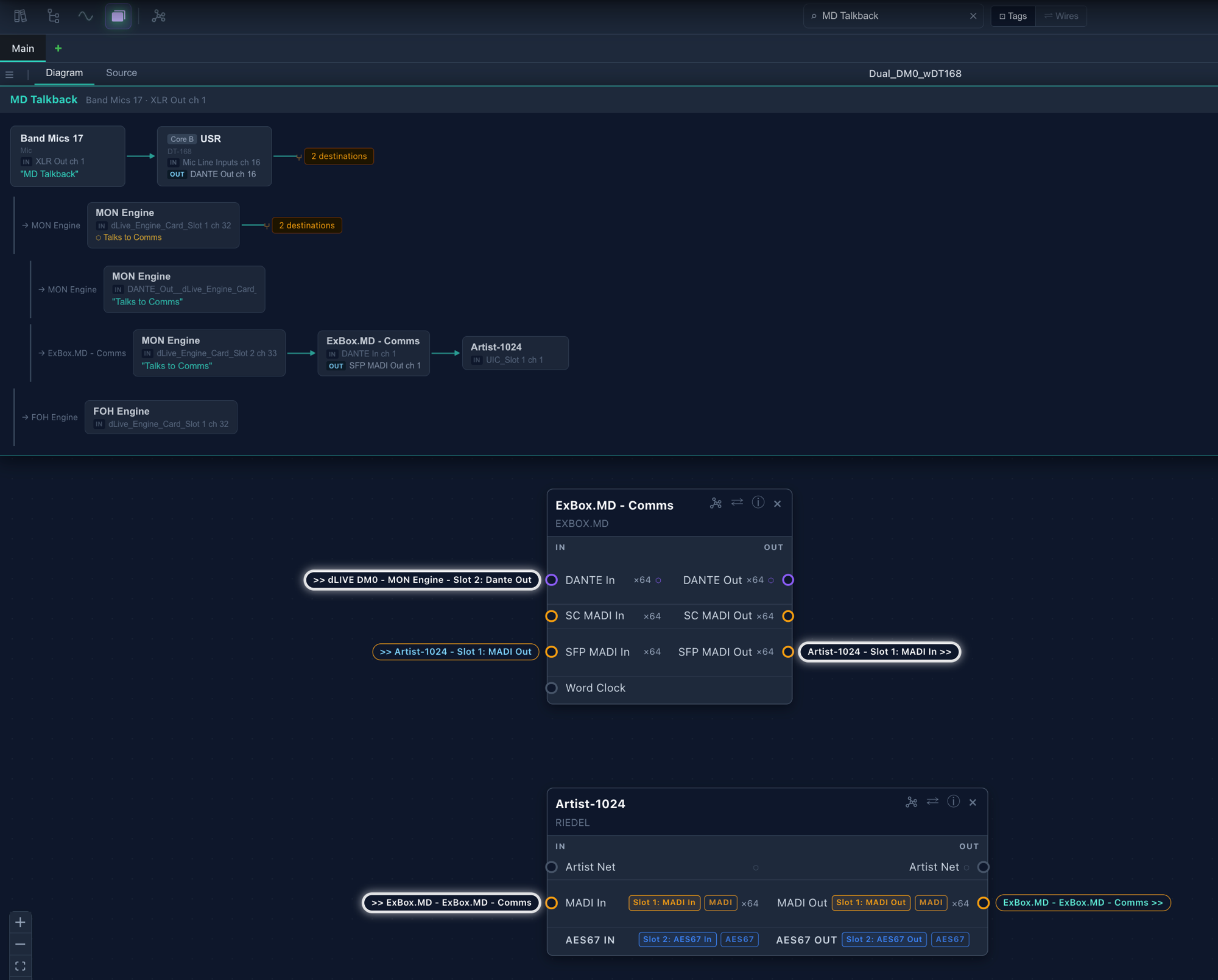 SignalCanvas search — MD Talkback traced through a complex multi-device signal path